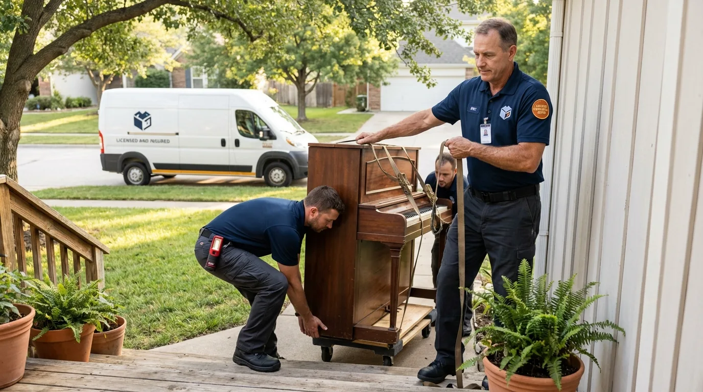 Licensed piano movers securing grand piano in Washburn, ND