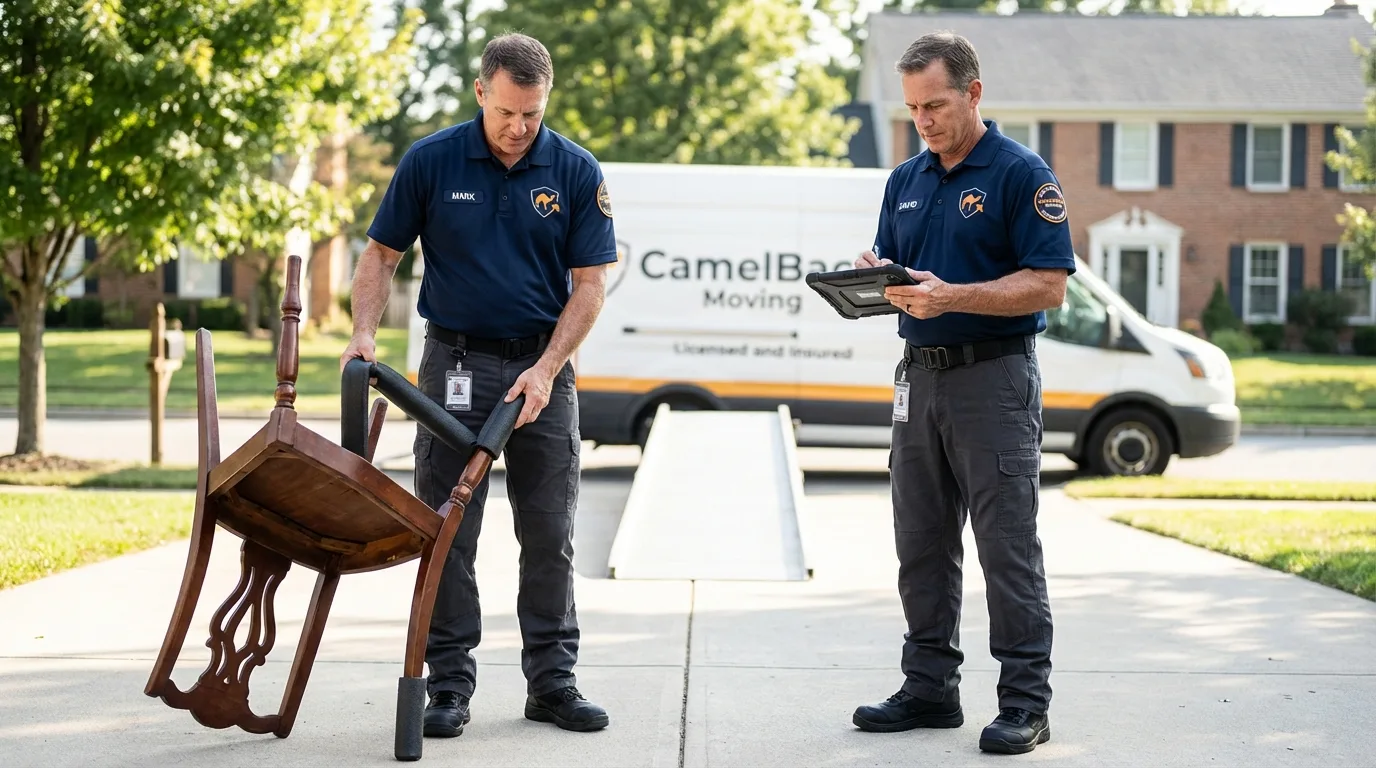 Movers inspecting furniture for damage prevention before loading in Washburn, ND