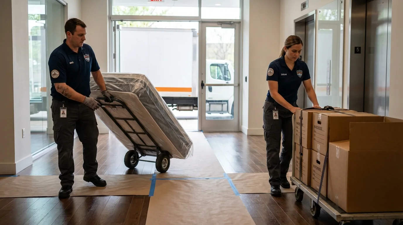 Professional apartment movers loading elevator in Washburn, ND